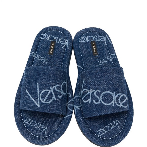 Versace Shoes - VERSACE Denim Cotton SLIDES Flat SANDALS